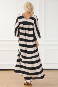 Black V Neck Kimono Sleeve Black and White Striped Maxi Long Dress