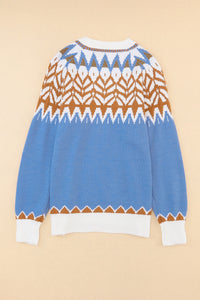 Womens Fashion Blue Geometric Print Ribbed Trim Knit Sweater