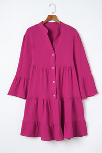 Pink Long Sleeve Casual Mini Dress  Crinkled Tiered Split Neck Shirt Dresses