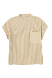 Women’s Nude Short Sleeve Top Oatmeal Patch Pocket Ribbed Knit Short Sleeve Sweater