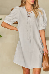 Beige Lace-up V Neck Bubble Sleeve Short Shirt Dress