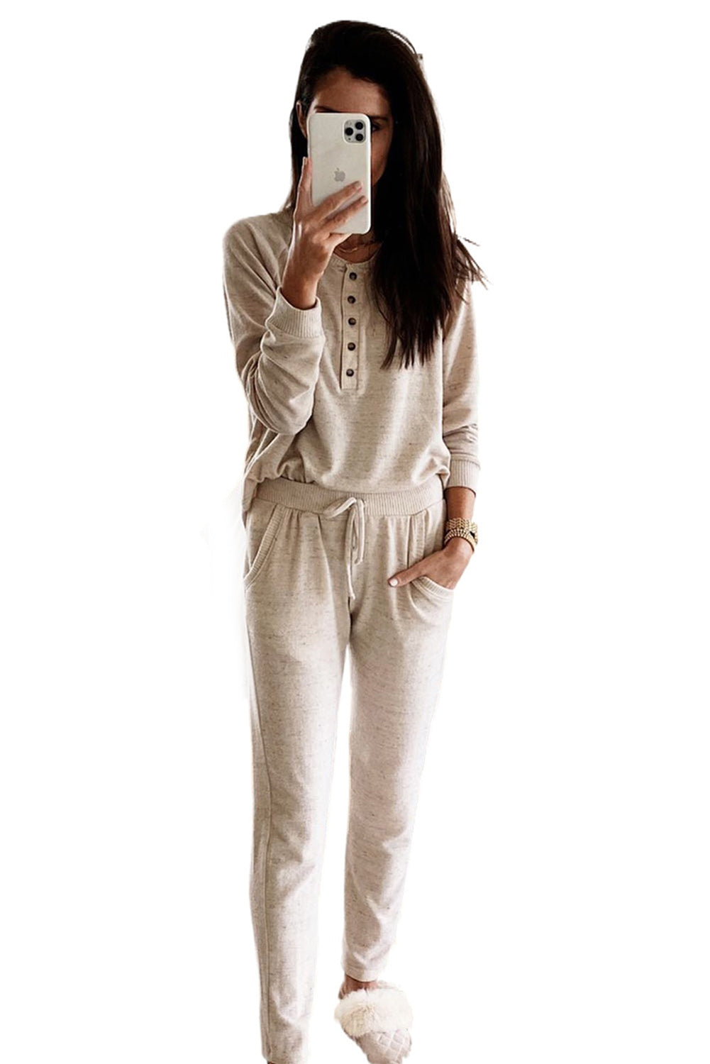 Womens Fashion Long Sleeve Button Top and Drawstring Pants Set