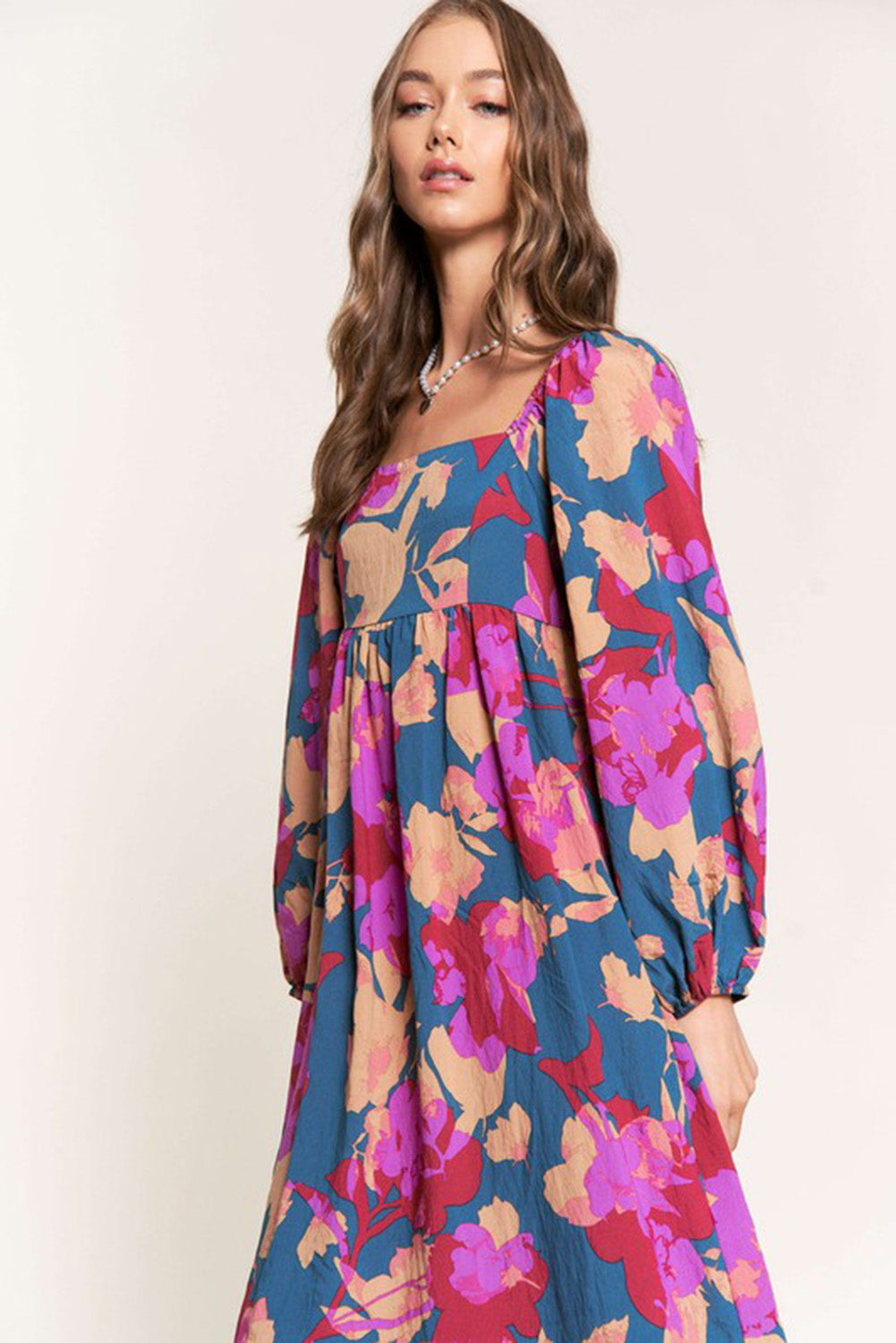 Multicolour Casual Maxi Dress Floral Print Square Neck Ruffled High Waist Long Loose Fit Dress