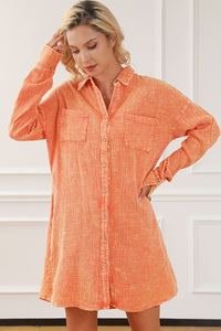 Orange Crinkled Dual Chest Pocket Oversized Shirt Dress Womens Fashion