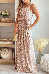 Leopard Round Neck Sleeveless Casual Maxi Dress