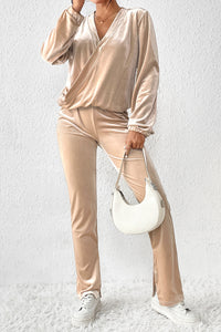 Khaki Drape V Neck Split Bottom Velvet Pants Set