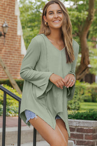 Green Ribbed Expose Seam Bell Sleeve Top