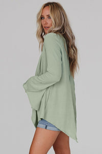 Green Ribbed Expose Seam Bell Sleeve Top