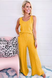 Yellow Crinkled U Neck Tank Top and Wide Leg Pants Set