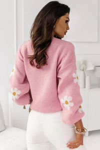 Pink Floral Pattern Drop Shoulder Sweater