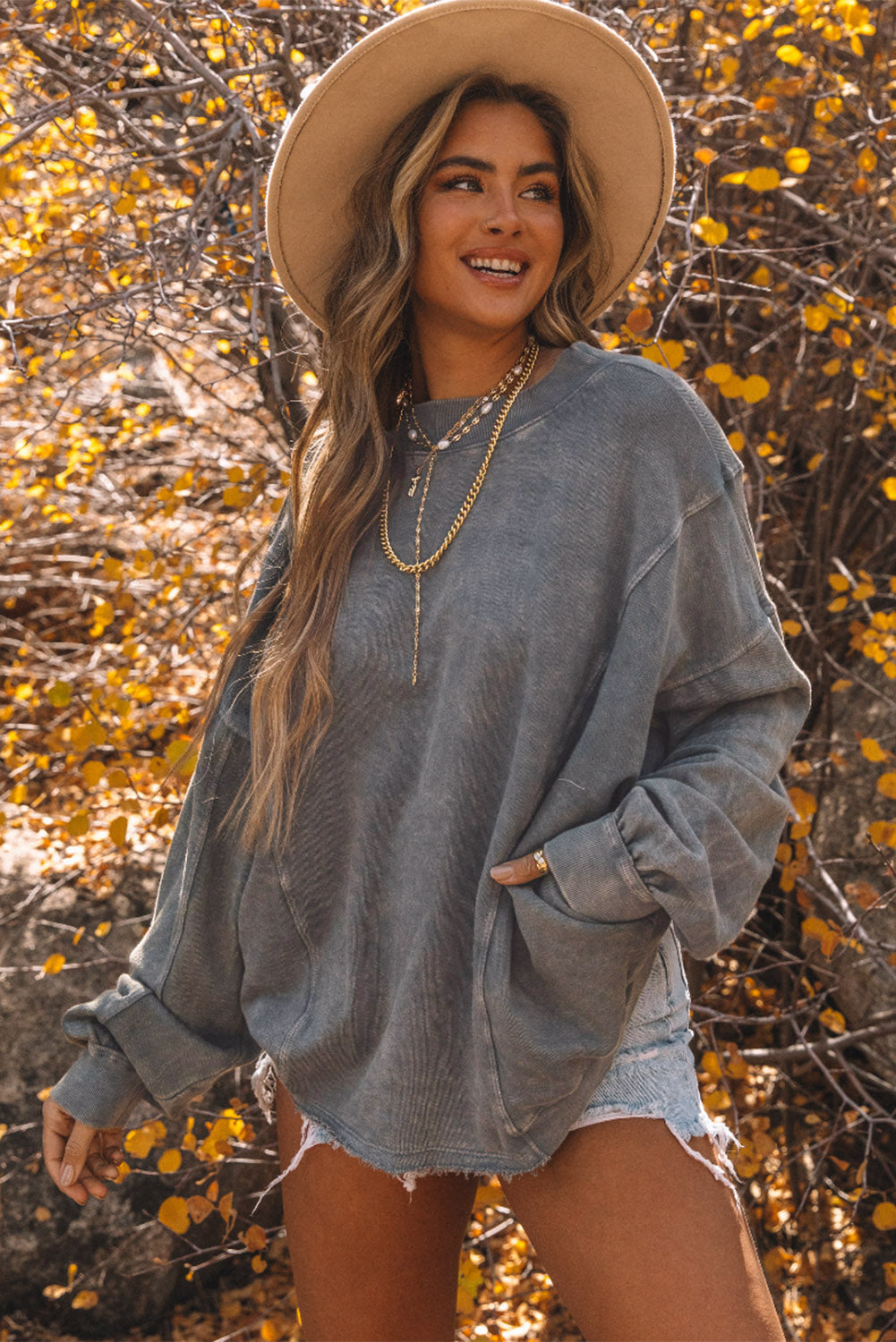 Gray Exposed Seam Twist Open Back Oversized Sweatshirt