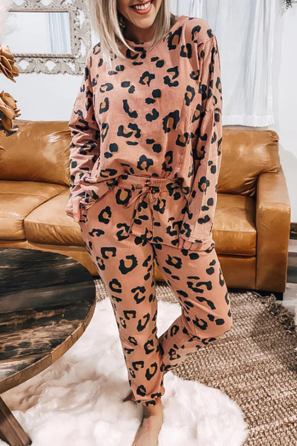 Pale Chestnut Leopard Long Sleeve Top and Drawstring Pants Set Loungewear Pajamas