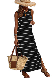 Women’s Fashion Black Stripe Print Open Back Sleeveless Casual Tank Maxi Dress with Slits