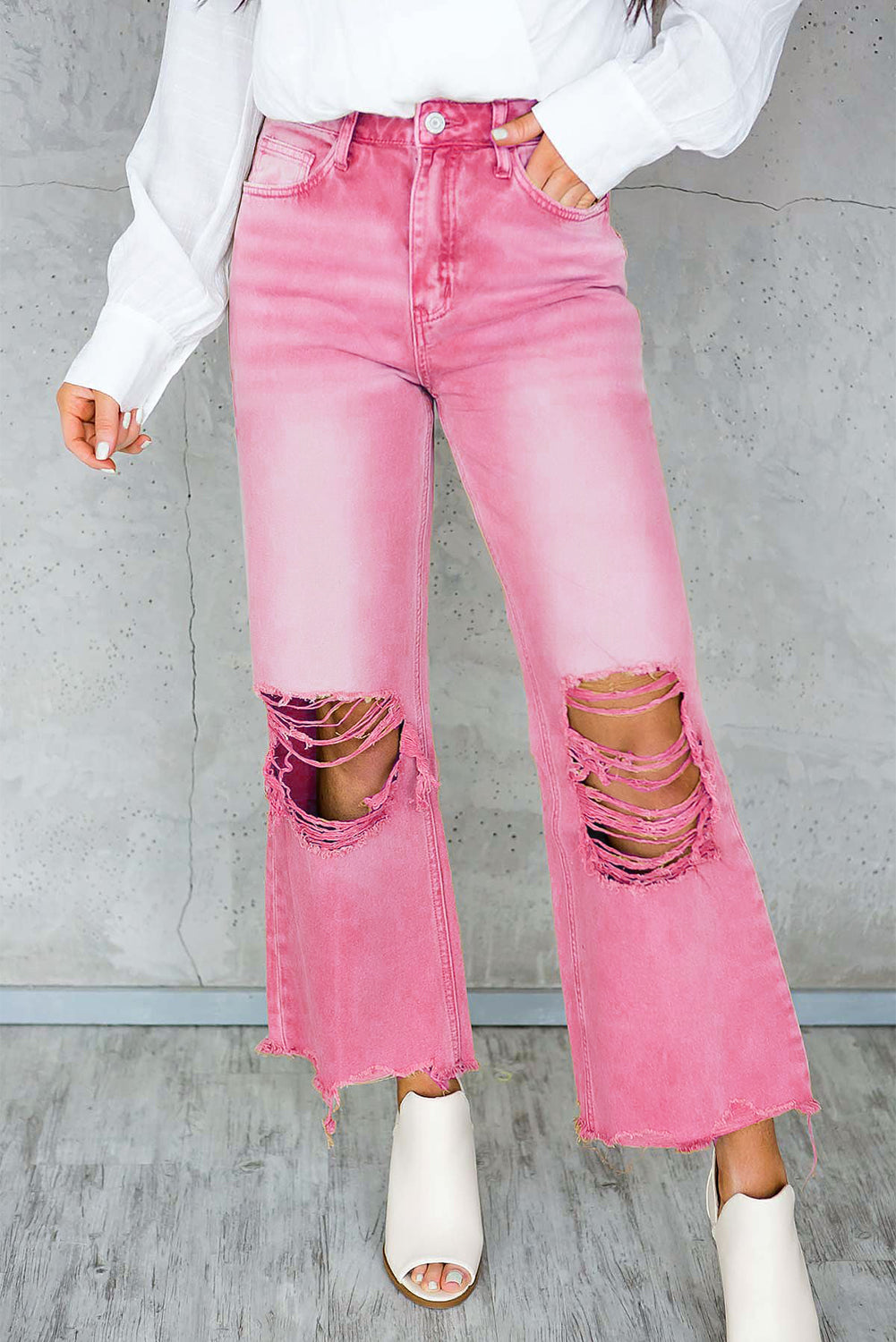 Peach Blossom Distressed Hollow-out High Waist Cropped Flare Jeans