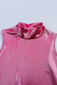 Womens Pink Bodysuit Glitter High Neck Sleeveless Tight Shirt Top