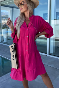 Pink Long Sleeve Casual Mini Dress  Crinkled Tiered Split Neck Shirt Dresses