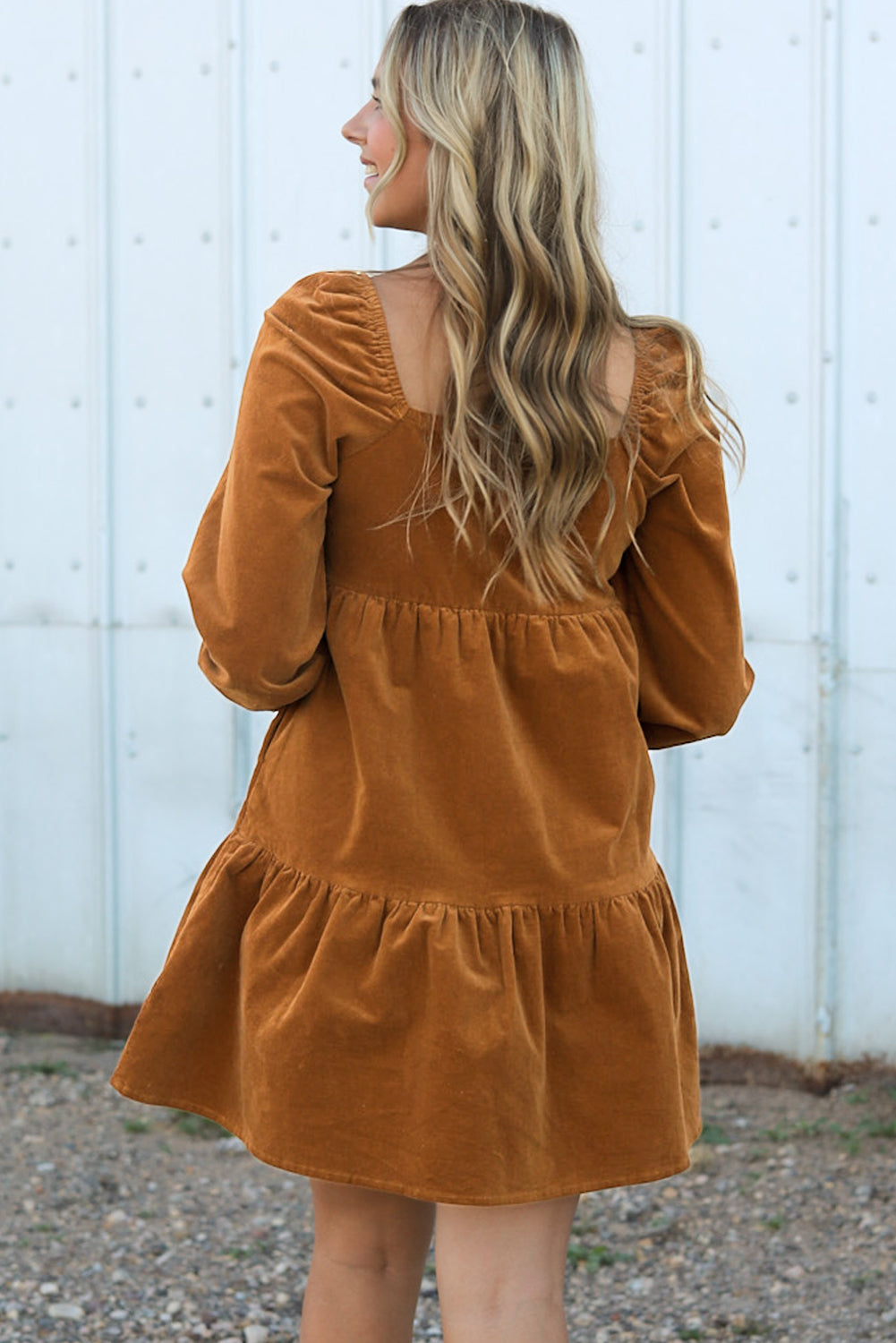 Boho Long Sleeve Dress with pockets  Chestnut Square Neck Puff Sleeve Tiered Corduroy Mini