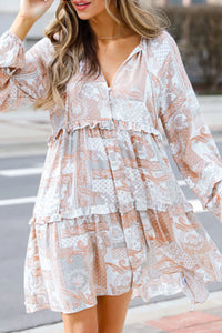 Multicolor Boho Print Long Sleeve Tiered Frilled Mini Short Dress