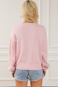 Pink Chenille Daisy Stitching Crew Neck Sweater