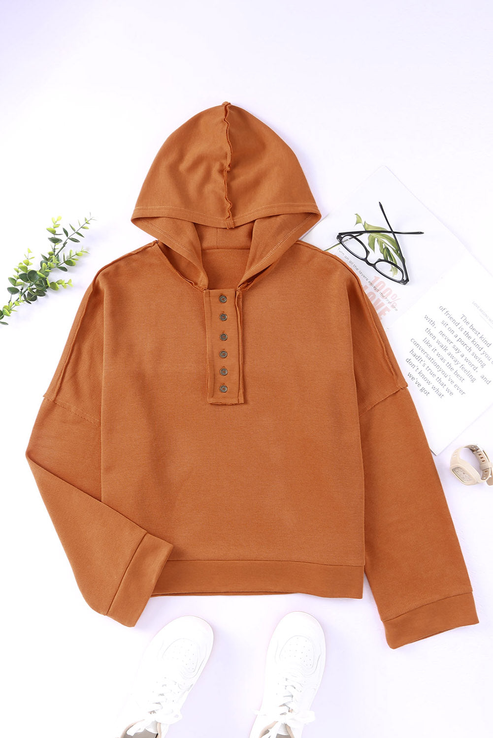 Orange Casual Hooded Sweater Button Solid Patchwork Trim Hoodie