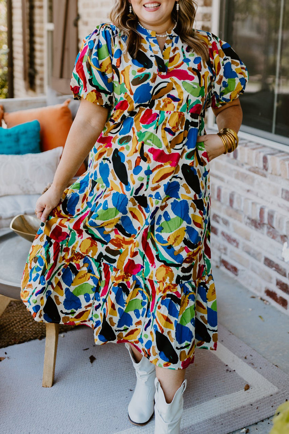 Green Abstract Print Notch Neck Bubble Sleeve Plus Size Dress