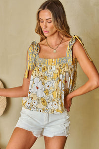 Yellow Floral Patchwork Sleeveless Shirt Women's Tied Straps Buttoned Tank Top