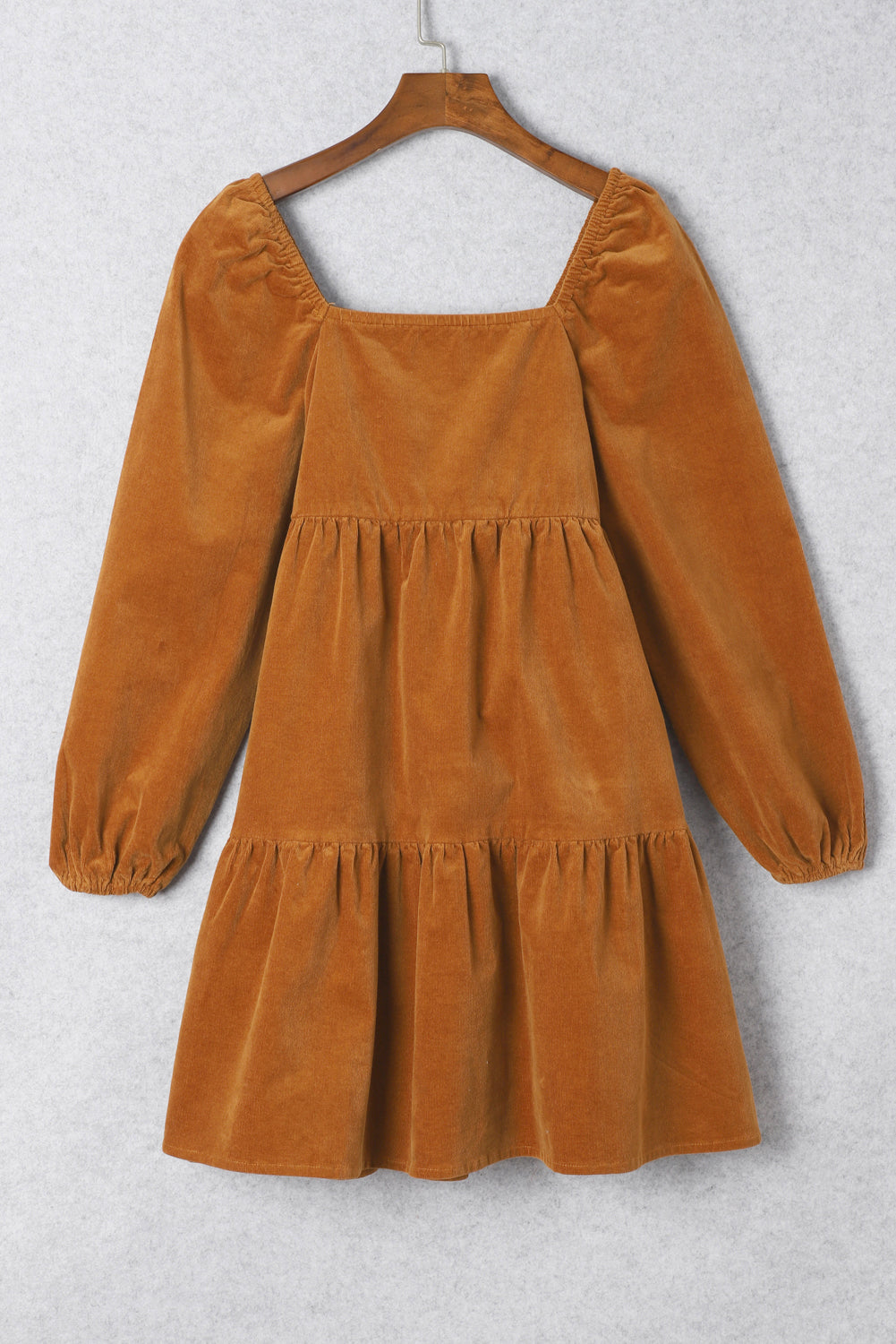 Boho Long Sleeve Dress with pockets  Chestnut Square Neck Puff Sleeve Tiered Corduroy Mini