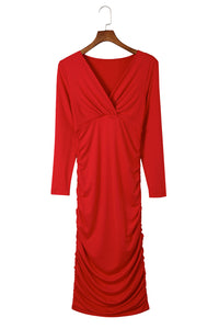 Fiery Red Long Sleeves Wrap V Neck Ruched Sheath Bodycon Dress