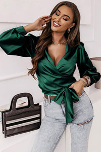 Blackish Green Satin Surplice V Neck Knot Blouse