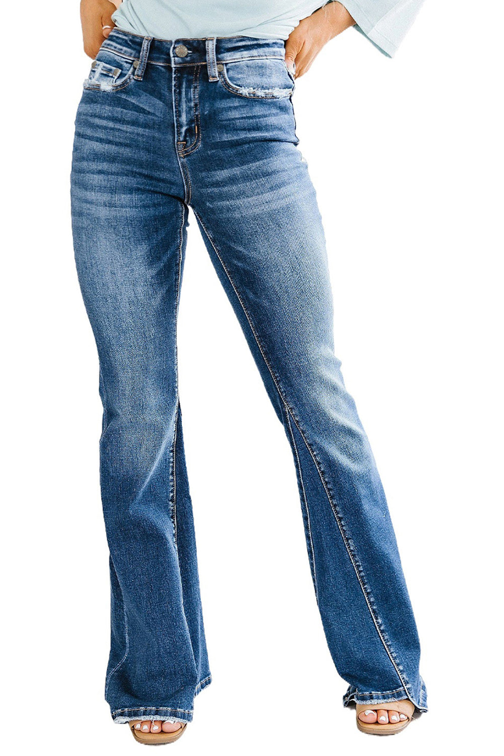 Sky Blue Medium Wash High Rise Flare Jeans