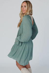 Mist Green Smocked Ruffled Bubble Sleeve Flowy Short Dress with pockets