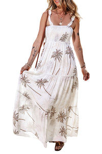 Casual Long Dress Vacation Beach Ladies Fashion White Tropical Print Smocked Ruffled Straps Maxi Dress