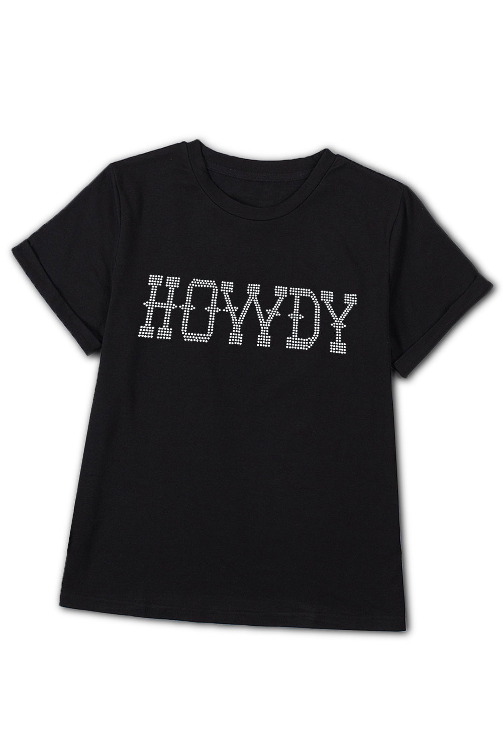 Black HOWDY Rhinestone Slim Fit Crew Neck T Shirt Ladies Casual Black Blouse