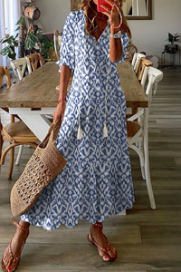 Casual Geometric Print Maxi Dress Sky Blue V Neck Boho Summer Vacation Dresses Loose Fit