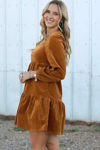 Boho Long Sleeve Dress with pockets  Chestnut Square Neck Puff Sleeve Tiered Corduroy Mini