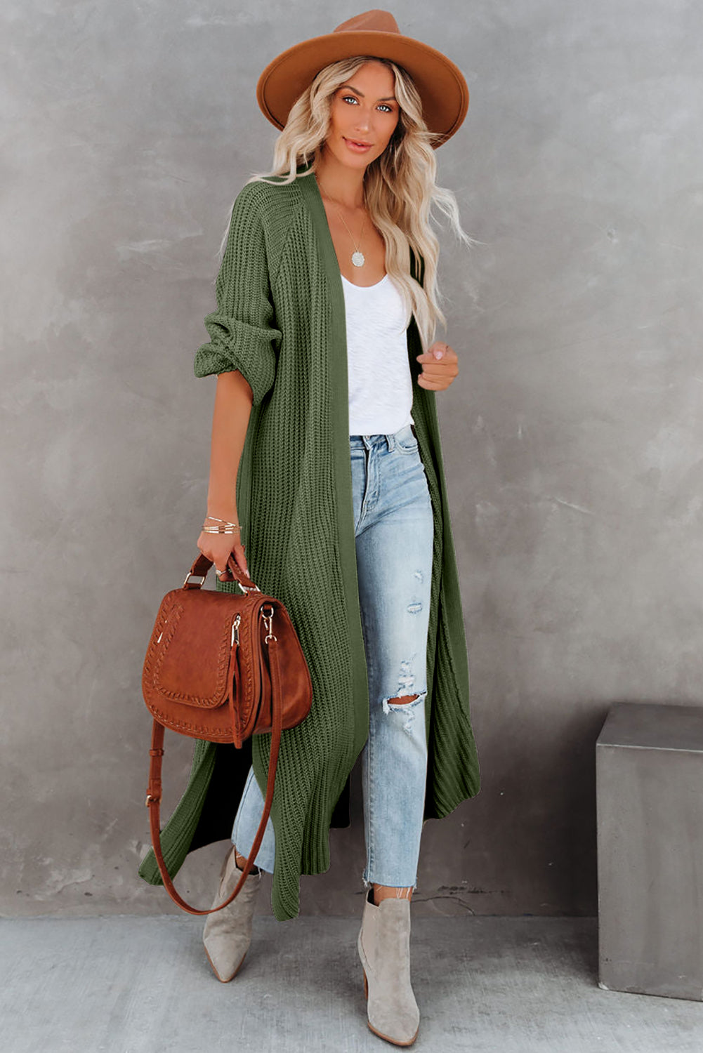 Green Open Front Side Slit Duster Knit Long Sweater Cardigan