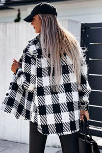 Black Plaid Textured Flap Pocket Shacket Long Sleeve Top