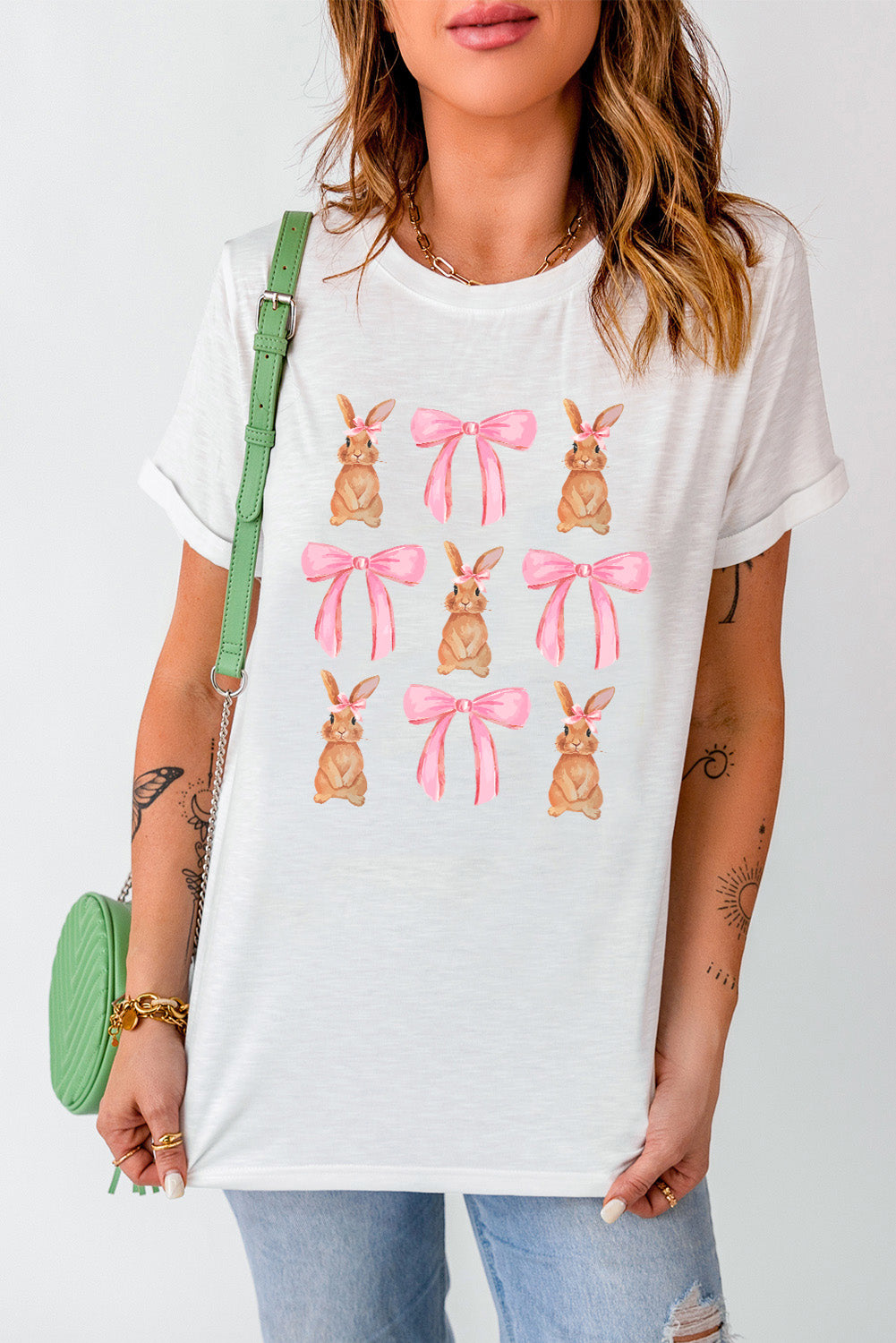 Easter Day Shirt Women's fashion White Rabbit Bow Knot Print Crew Neck T Shirt and Easter Gifts