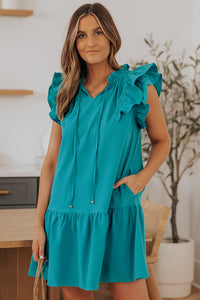 Mini Dress with Pockets Short Sleeve Green Tiered Ruffled Sleeves