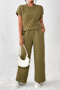 Sage Green Quilted Short Sleeve Wide Leg Pants Set