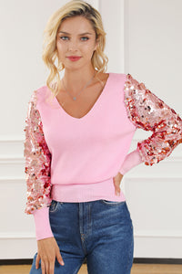 Pink Contrast Sequin Sleeve V Neck Ribbed Knit Sweater