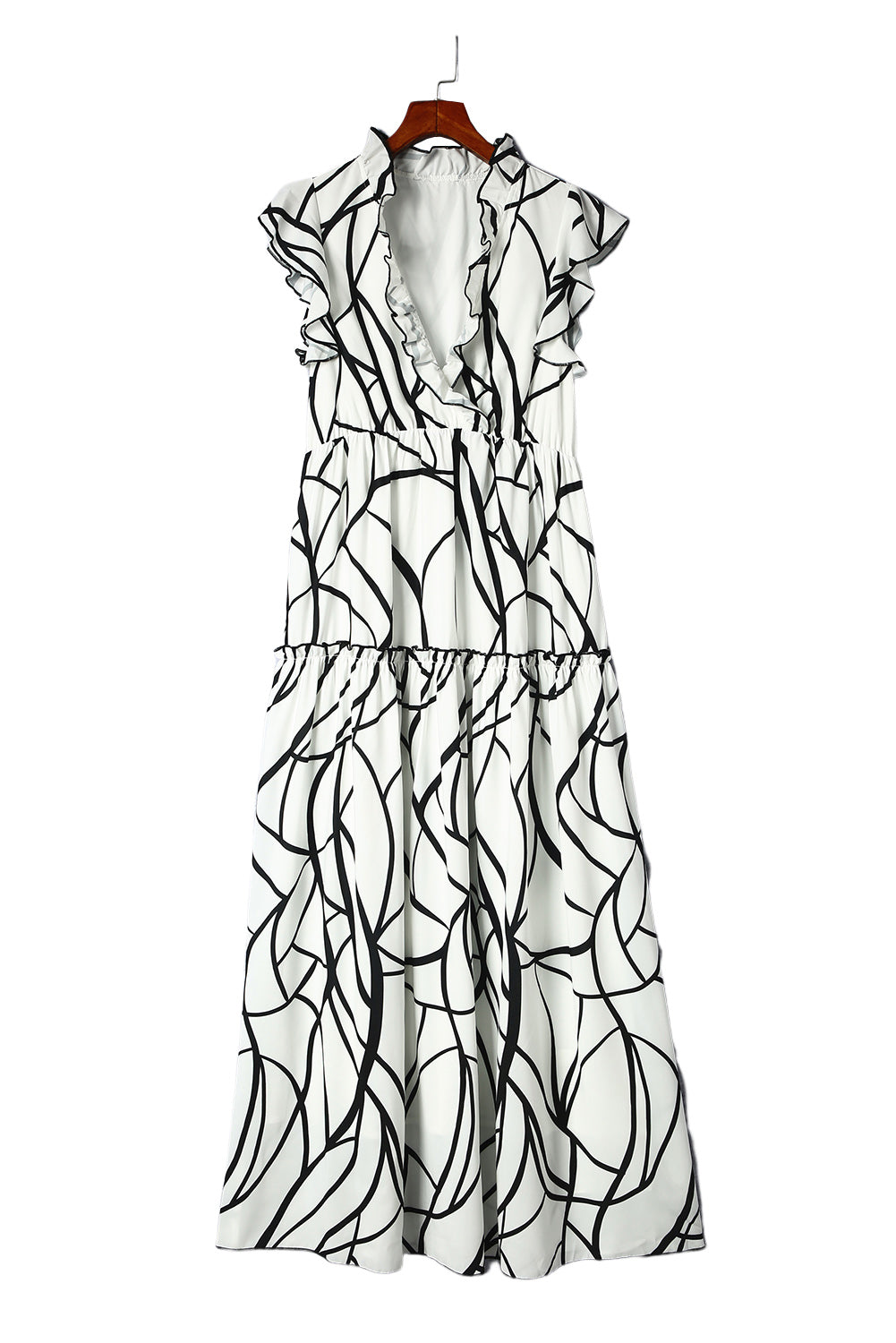 Womens Fashion Casual Long Dresses White Abstract Vein Print V Neck Ruffle Maxi Dress