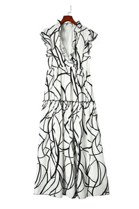 Womens Fashion Casual Long Dresses White Abstract Vein Print V Neck Ruffle Maxi Dress