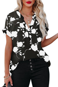 Black Floral Printed Short Sleeve Blouse Womens Casual Shirt Top