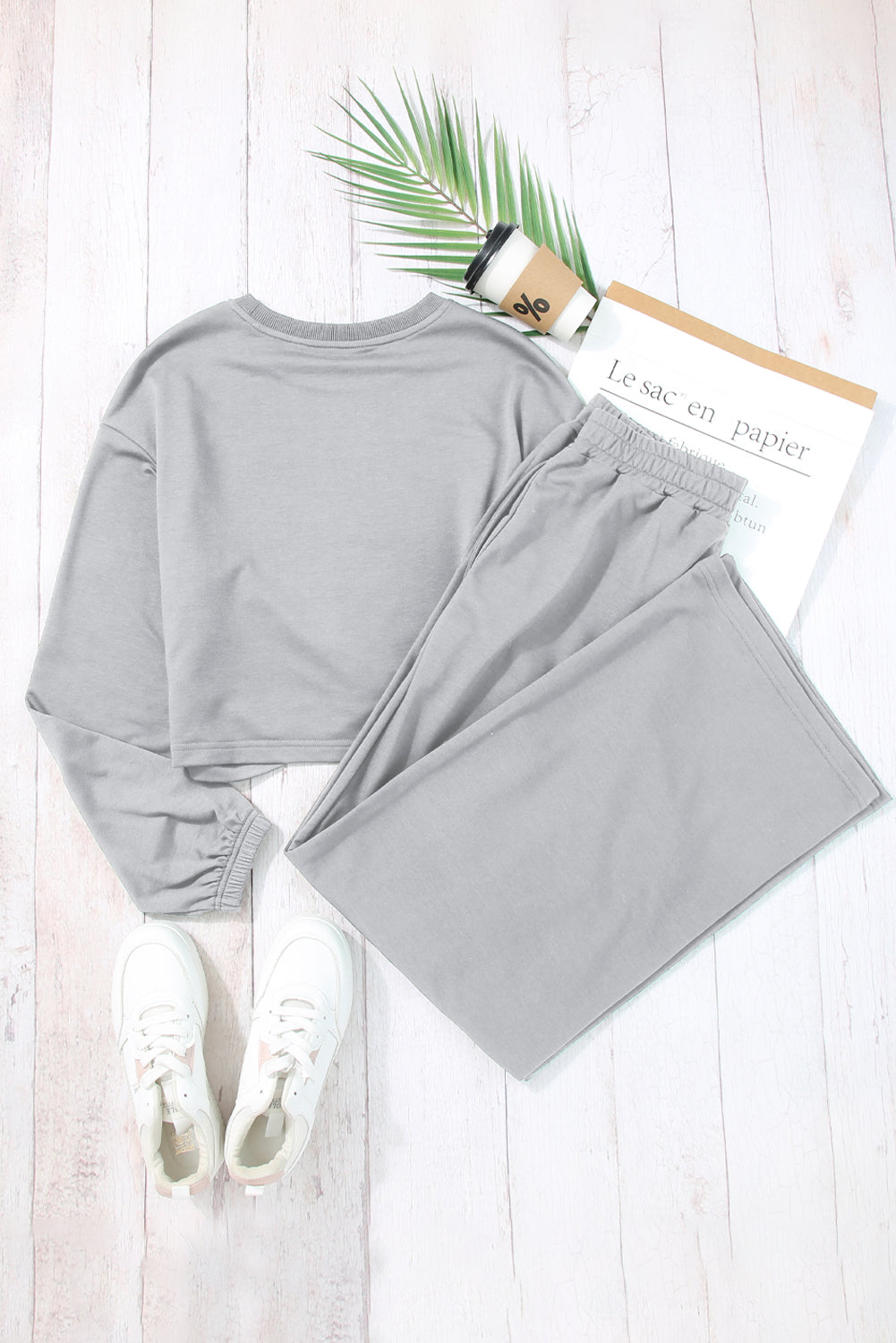 Light Grey Solid Criss Cross Crop Top and Pants Active Set Loungewear