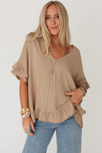 Women's Khaki Baggy Shirt with Ruffles Light French Beige Loose Ruffled V Neck Blouse