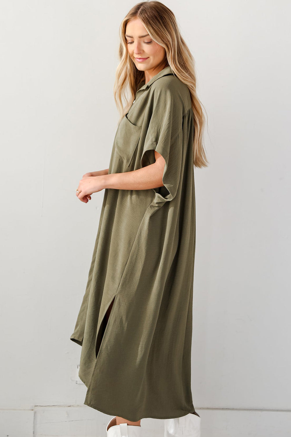 Olive Green Shirt Dress Jungle Green Loose High Low Side Slits Short Sleeve T Shirt Maxi