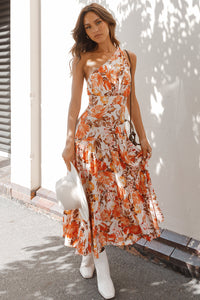 Womens Vacation Dress Orange Floral Print Pleated One Shoulder High Waist Maxi Dress