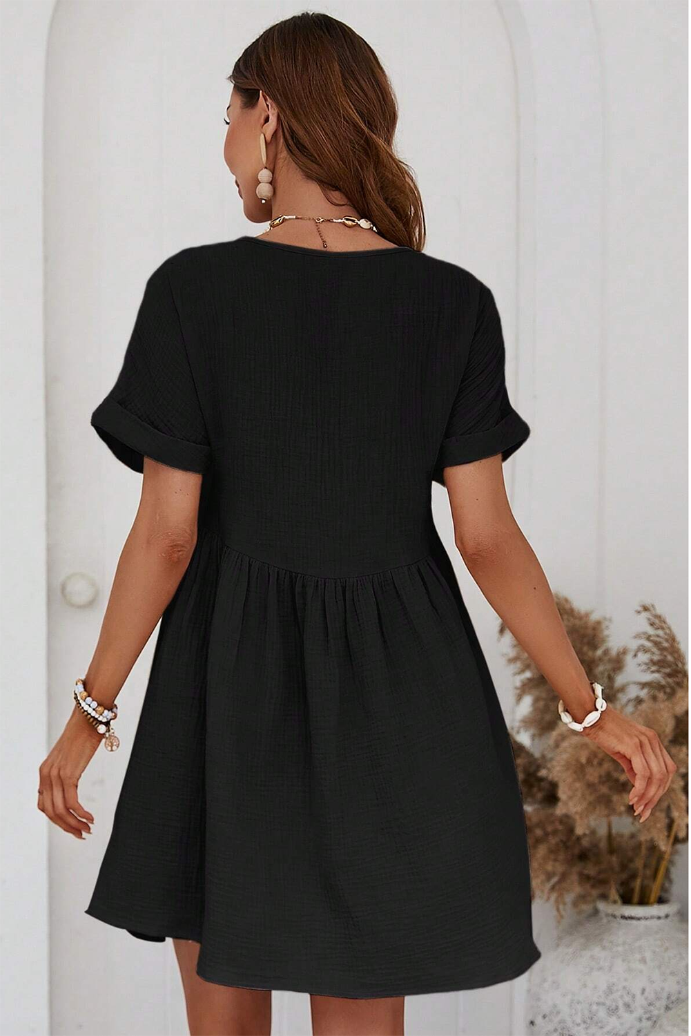 Women’s Black Dress Short Sleeve Lace V Neck Short Flowy Casual Fashion Dresses