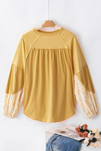 Yellow Long Sleeve Shirt Casual Women's Beige Floral Colorblock Balloon Sleeve Exposed Seam Top KESLEY